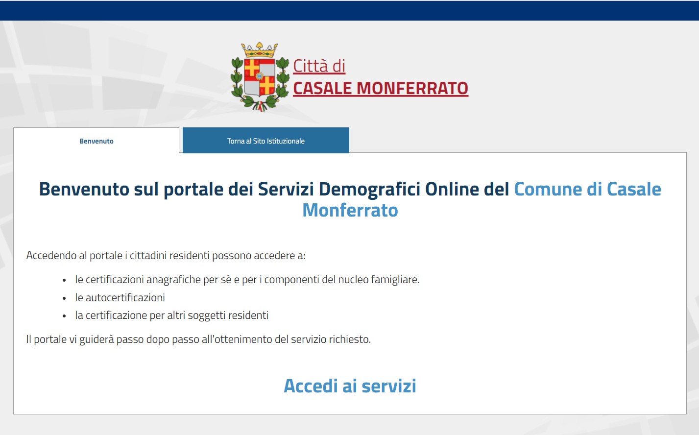 la pagina di accesso al servizio